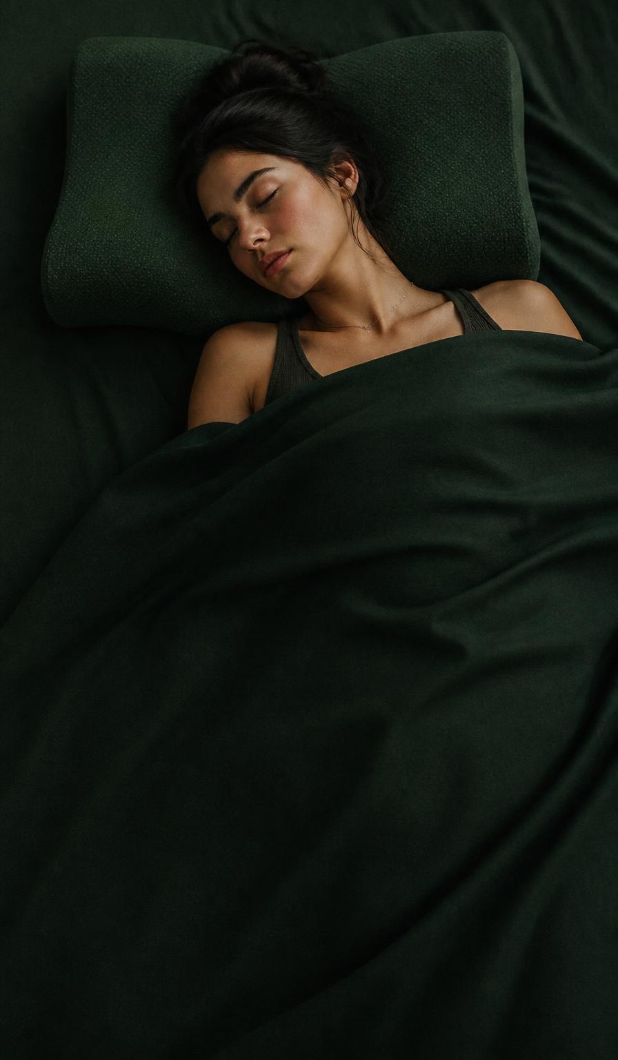 Woman sleeping on the AURA cervical support pillow